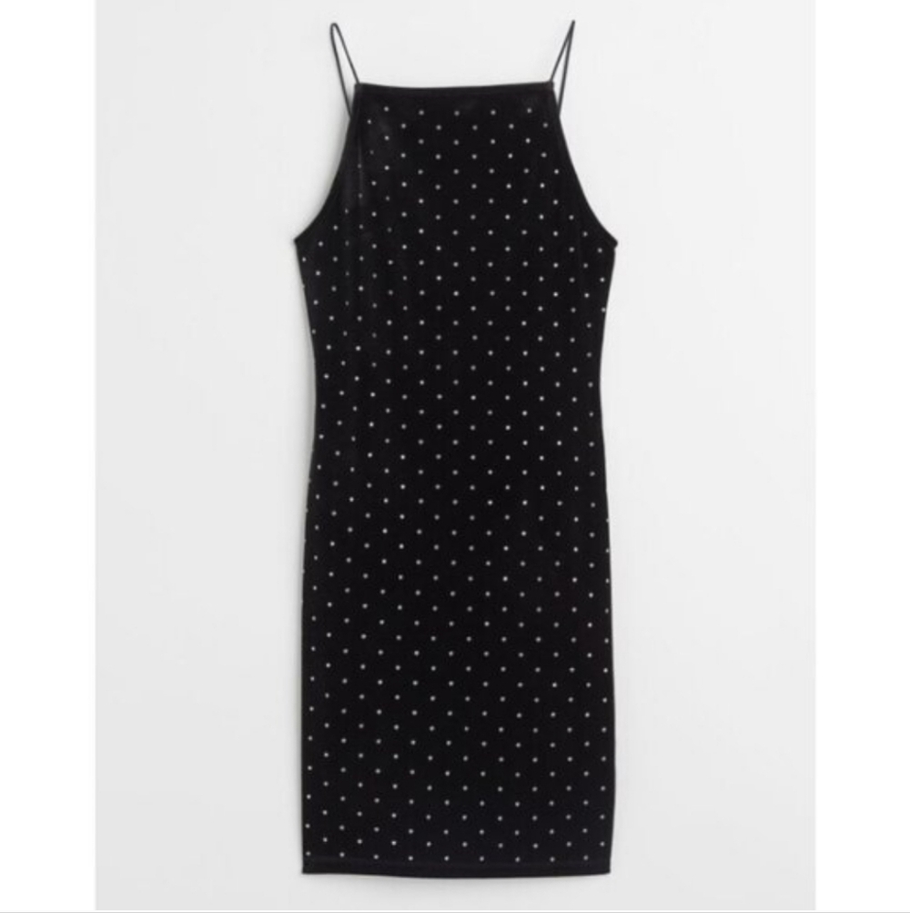 H&M Black Velvet Rhinestone Square Neck Cami Bodycon Mini Dress Size XXL